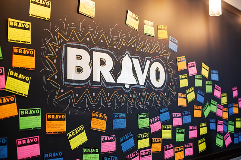 bravo written on a chalkboard and surrounded by post it notes