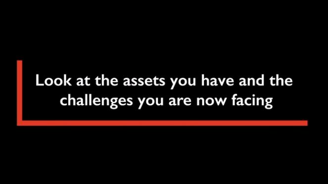 text on a black background: look at the assets you have and the challenges you are now facing